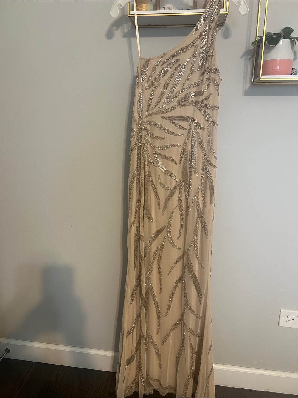 Aidan Mattox One-Shoulder Champagne Sequin Leaf Gown
